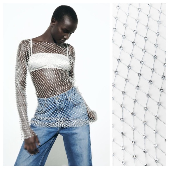 NWT. Zara Silver Semi-Sheer Mesh Rhinestone Midi Dress. Size M. - Picture 2 of 9